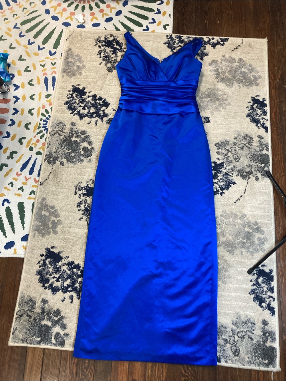 David's Bridal Royal Blue Satin V-Neck Maxi Dress